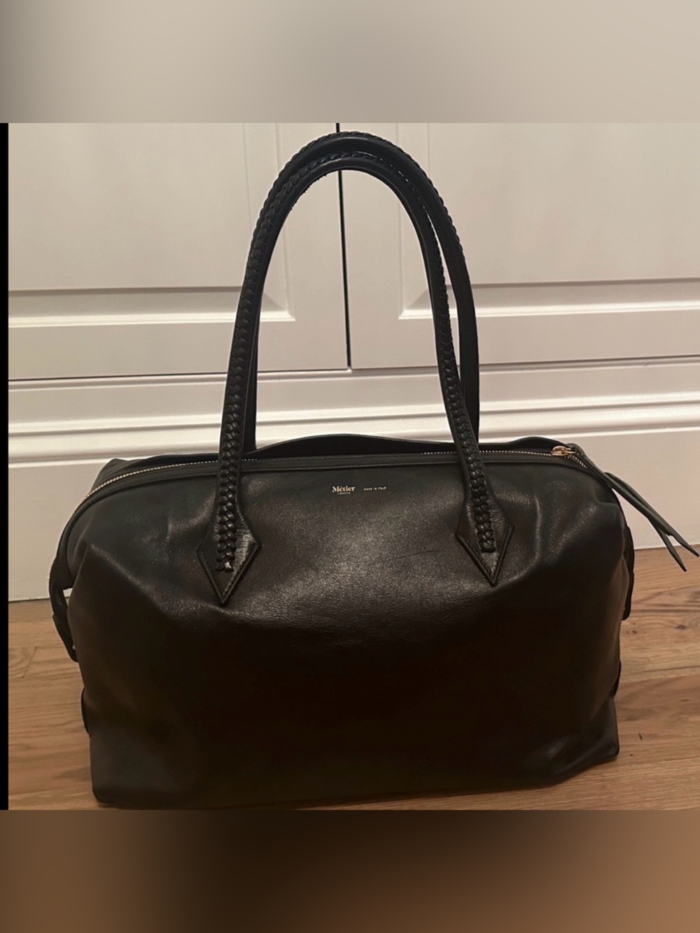 Black Leather Tote Bag with Braided Handles